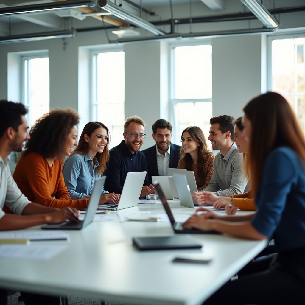 El equipo de FintechArg colaborando en una oficina moderna y luminosa